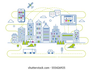 Smart City Illustration In Flat Linear Vector Style