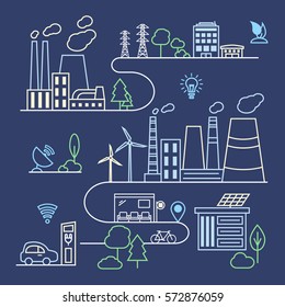 Smart City Illustration in Linear Style - factory, trees, buildings, park, solar panel, wind turbines, greenhouse, energy generator. City line icon on blue background.