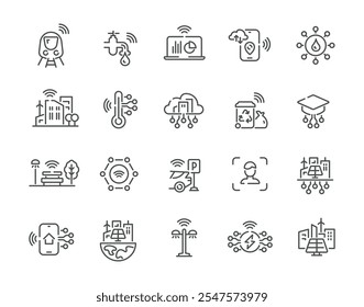 Smart city inovação industrial tecnologia linha arte ícone conjunto vetor ilustração. Pessoa urbana moderna analisando silencioso banco de dados de trens cloud computing estacionamento online educação wi fi sensor lightning