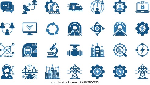 Smart city and industry 4.0 technology icon set vector future infrastructure symbols flat solid glyph illustrations of 5G connectivity automation energy grid and transit