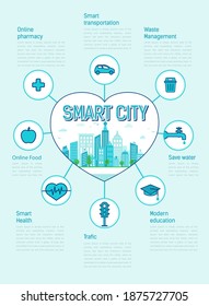 Smart city infographics. Smart city in heart. Vector infographics  filled linear style. Online pharmacy, education and food. Smart health and transportation. Save water, waste management.