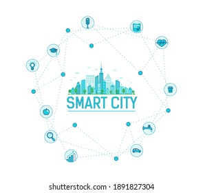 Smart City Infographics. Modern City In Circle Icons. Vector Filled Lines Style. Online Pharmacy, Education And Food. Smart Health And Transportation. Save Water, Waste Management.