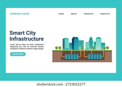 Smart city infrastructure concept with underground data centers connected to modern skyscrapers by orange pipelines, illustrating eco friendly technology, waste heat reuse, and sustainable urban energy system on a clean landing page