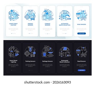 Smart city infrastructure day, night onboarding mobile app page screen. Walkthrough 5 steps graphic instructions with concepts. UI, UX, GUI vector template with linear night and day mode illustrations