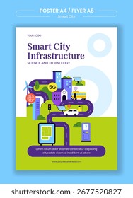 Plantilla de volante de infraestructura de ciudad inteligente con diseño plano de dibujos animados para el concepto de Tecnología Urbana