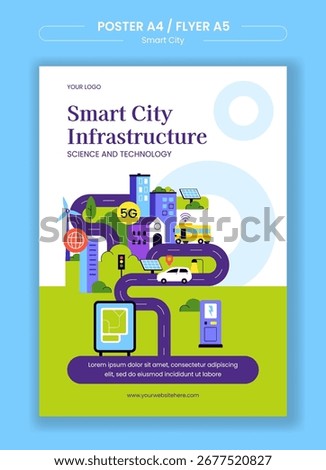 Smart City Infrastructure Flyer Template with Flat Cartoon Design for Urban Technology Concept