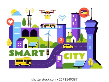  Ilustração da Smart City Infrastructure apresentando uma paisagem urbana com edifícios, arranha-céus, transportes, Internet e tecnologia futura
