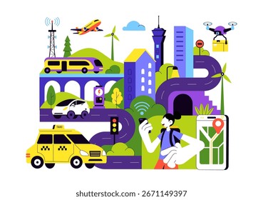  Smart City Infrastructure Illustration featuring an Urban Landscape with Buildings, Skyscrapers, Transportation, Internet, and Future Technology
