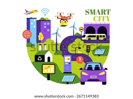  Smart City Infrastructure Illustration featuring an Urban Landscape with Buildings, Skyscrapers, Transportation, Internet, and Future Technology
