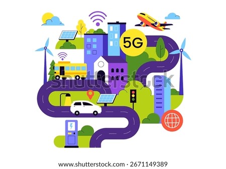 Smart City Infrastructure Illustration featuring an Urban Landscape with Buildings, Skyscrapers, Transportation, Internet, and Future Technology
