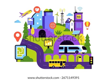  Smart City Infrastructure Illustration featuring an Urban Landscape with Buildings, Skyscrapers, Transportation, Internet, and Future Technology
