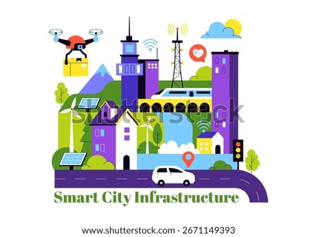  Smart City Infrastructure Illustration featuring an Urban Landscape with Buildings, Skyscrapers, Transportation, Internet, and Future Technology
