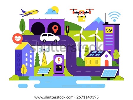  Smart City Infrastructure Illustration featuring an Urban Landscape with Buildings, Skyscrapers, Transportation, Internet, and Future Technology
