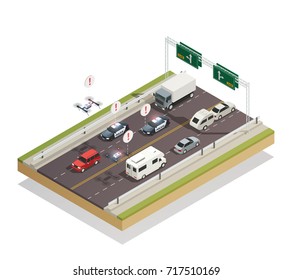 Smart city infrastructure technology connecting and controlling cars buses trucks and drones traffic isometric composition vector illustration 