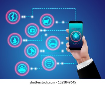 Smart city innovation connection concept.  Virtual of Hand holding smartphone and app screen power button with smart city icon technology. Vector illustration design.