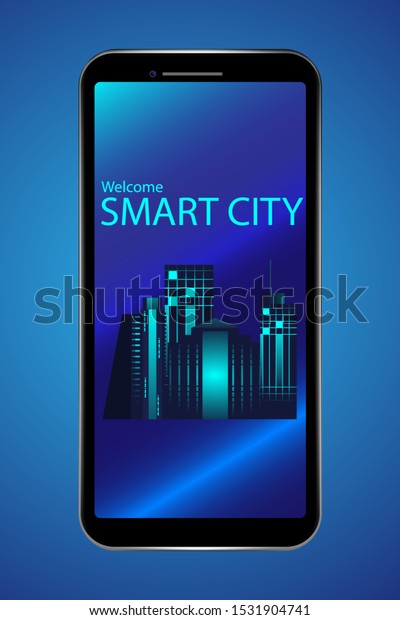 Smart city innovation connection concept. 
Virtual smartphone and app screen smart city technology. Vector
illustration design.