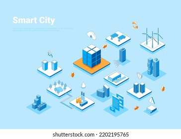 Smart City Innovation Technology Future Concept 3D Isometric View Template Banner Poster Card Map Elements. Vector illustration