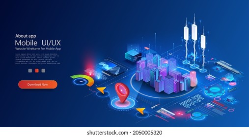 Smart City Or Intelligent Building Concept. Residential Urban Buildings For Isometric Innovation Flat Design. Smart City Vector Illustration Of Town With Digital Communication Technology