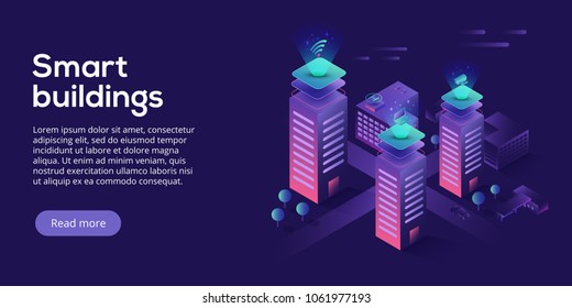 Smart city or intelligent building isometric vector concept. Building automation with computer networking illustration. Management system or BAS thematical background. IoT platform future technology.