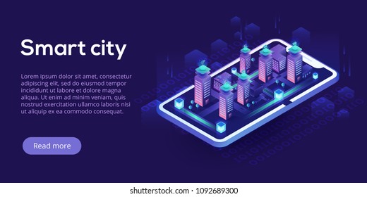 Smart City Or Intelligent Building Isometric Vector Concept. Building Automation With Computer Networking Illustration. Management System Or BAS Thematical Background. IoT Platform Future Technology.