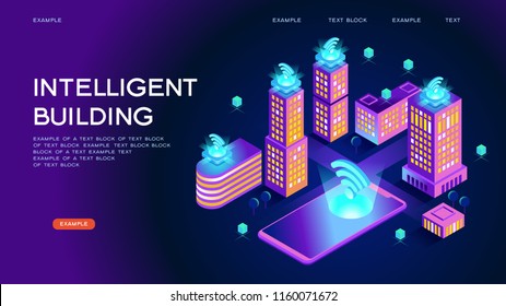 Smart City Or Intelligent Building Isometric Vector Concept. Smart Home Control Concept. Concept Home With Technology System. 3d Isometric Vector Illustration.