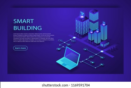 Smart City Or Intelligent Building Isometric Vector. Smart Building Isometric Concept. Automation Control System Of Intelligent Building Engineering Systems, Video Surveillance. 3D Smart Building.