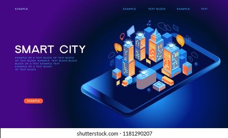 Smart city or intelligent building isometric vector concept. Smart home control concept. Concept home with technology system. 3d isometric vector illustration.