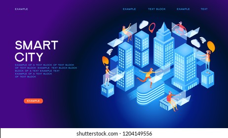 Smart city or intelligent building isometric vector concept. Smart home control concept. Concept home with technology system. 3d isometric vector illustration.