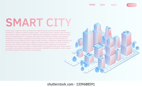 Smart city or intelligent building isometric vector concept. Website landing page template. Abstract 3d isometric landing page in light blue and living coral colors