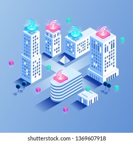 Smart city or intelligent building isometric vector concept. Smart home control concept. Concept home with technology system. 3d isometric vector illustration.