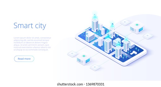 Smart city or intelligent building isometric vector concept. Building automation with computer networking illustration. Management system thematical background. IoT platform as future technology.