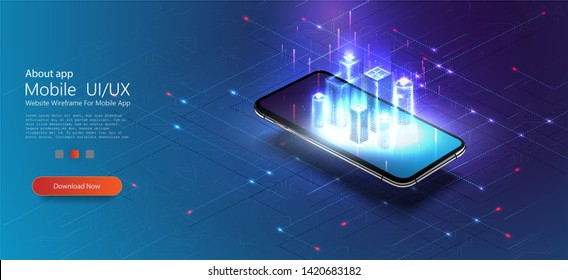 	
Smart City Or Intelligent Building Isometric Vector Concept IOT. Digital Hologram Of Smart City On The Screen Of Smartphone With Internet Of Things. Polygonal Wireframe Building.Vector Illustration