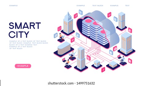 Smart city or intelligent building isometric vector concept. Smart home control concept. Concept home with technology system. 3d isometric vector illustration.