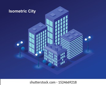 Smart city or intelligent building isometric vector concept. Modern smart city, urban planning and development, infrastructure buildings. Creative vector illustration on hight blue background.