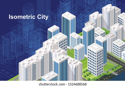 La ciudad inteligente o el concepto de construcción isométrica vectorial. Ciudad moderna e inteligente, urbanismo y desarrollo, edificios de infraestructura. Ilustración vectorial creativa.