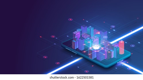 Smart city or intelligent building isometric vector concept. Building automation with computer networking illustration. Intelligent buildings in future city. Smart city building on smartphone. Blue