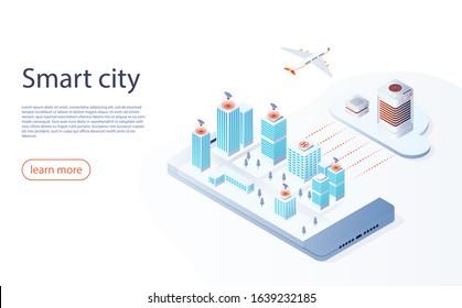 Smart city or intelligent building isometric vector. Futuristic smart city concept, buildings connected with automated technology to manage and control. Smart city technology isometric concept