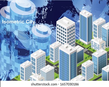 Smart city or intelligent building isometric vector concept. Modern smart city, urban planning and development, infrastructure buildings. Creative vector illustration on hight blue background.