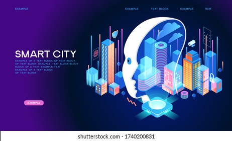 Smart city or intelligent building isometric vector concept. Smart home control concept. Concept home with technology system. 3d isometric vector illustration.
