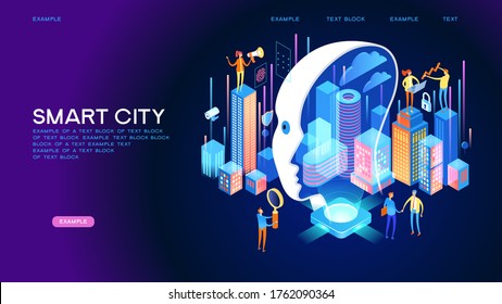 Smart city or intelligent building isometric vector concept. Smart home control concept. Concept home with technology system. 3d isometric vector illustration.