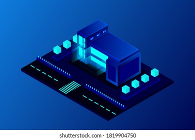 Una ciudad inteligente o un concepto de vector isométrico de construcción inteligente. Edificios modernos e inteligentes de urbanismo e infraestructura de desarrollo. Ilustración vectorial creativa sobre fondo degradado.