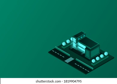 Smart city or intelligent building isometric vector concept. Modern smart city urban planning and development infrastructure buildings. Creative vector illustration on gradient background.