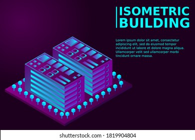 Smart city or intelligent building isometric vector concept. Modern smart city urban planning and development infrastructure buildings. Creative vector illustration on gradient background.