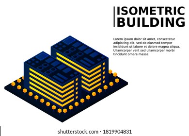 Smart city or intelligent building isometric vector concept. Modern smart city urban planning and development infrastructure buildings. Creative vector illustration on gradient background.