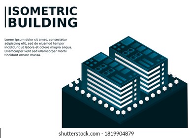 Smart city or intelligent building isometric vector concept. Modern smart city urban planning and development infrastructure buildings. Creative vector illustration on gradient background.