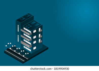 Smart city or intelligent building isometric vector concept. Modern smart city urban planning and development infrastructure buildings. Creative vector illustration on gradient background.
