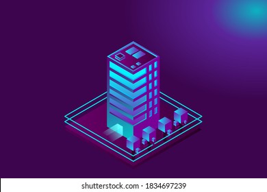 Una ciudad inteligente o un concepto de vector isométrico de construcción inteligente. Edificios modernos e inteligentes de urbanismo e infraestructura de desarrollo. Ilustración vectorial creativa sobre fondo degradado.