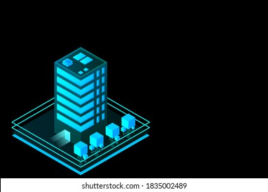 Una ciudad inteligente o un concepto de vector isométrico de construcción inteligente. Edificios modernos e inteligentes de urbanismo e infraestructura de desarrollo. Ilustración vectorial creativa sobre fondo degradado.