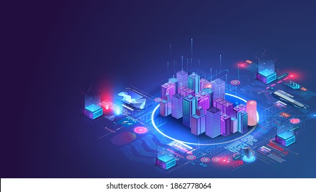 Smart city or intelligent building isometric vector concept. Building automation with computer networking illustration. Data Center Blockchain Technology. Smart city and communication network concept.