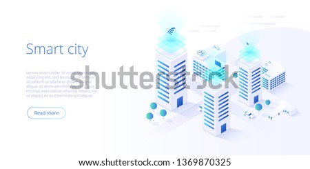 Smart city or intelligent building isometric vector concept. Building automation with computer networking illustration. Management system thematical background. IoT platform as future technology.